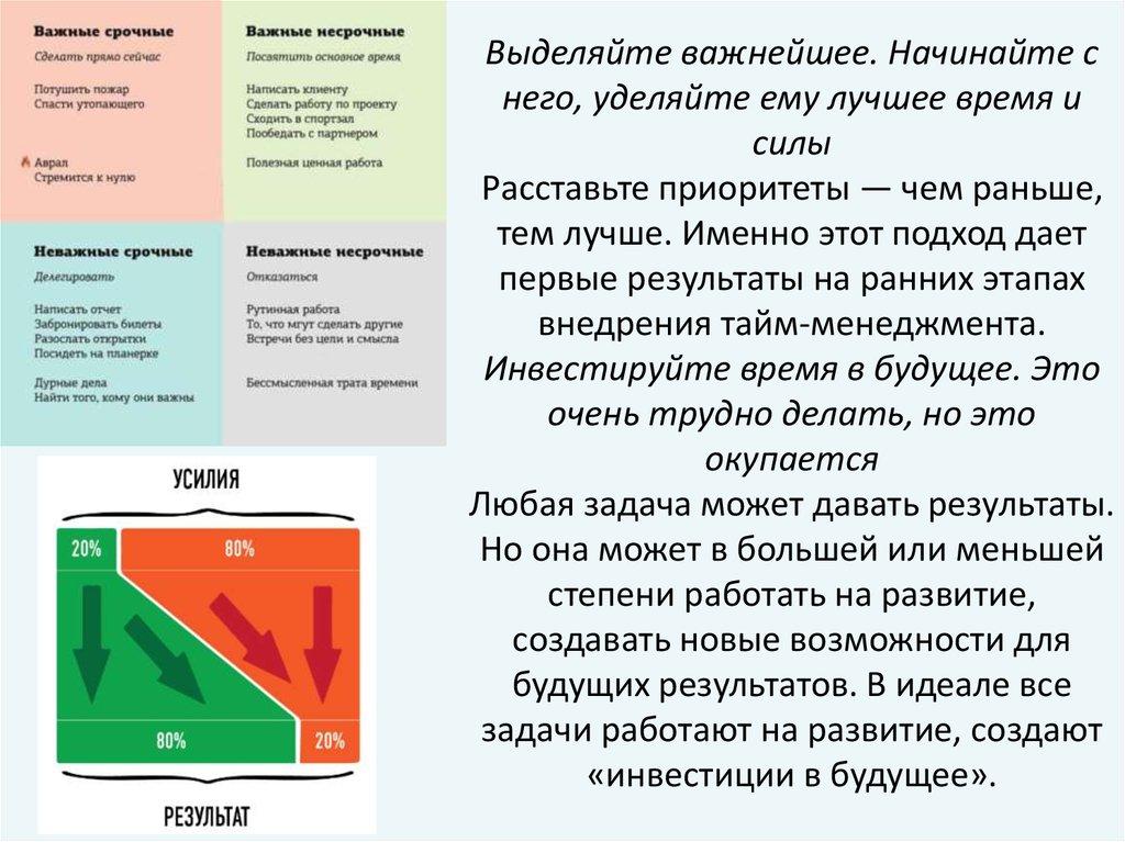 Выделяйте важнейшее. Начинайте с него, уделяйте ему лучшее время и силы Расставьте приоритеты — чем раньше, тем лучше. Именно
