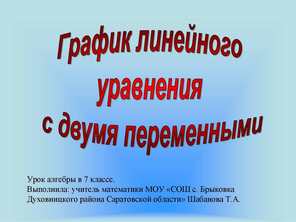 Урок алгебры в 7 классе. Выполнила: учитель математики МОУ «СОШ с. Брыковка Духовницкого района Саратовской области» Шабанова