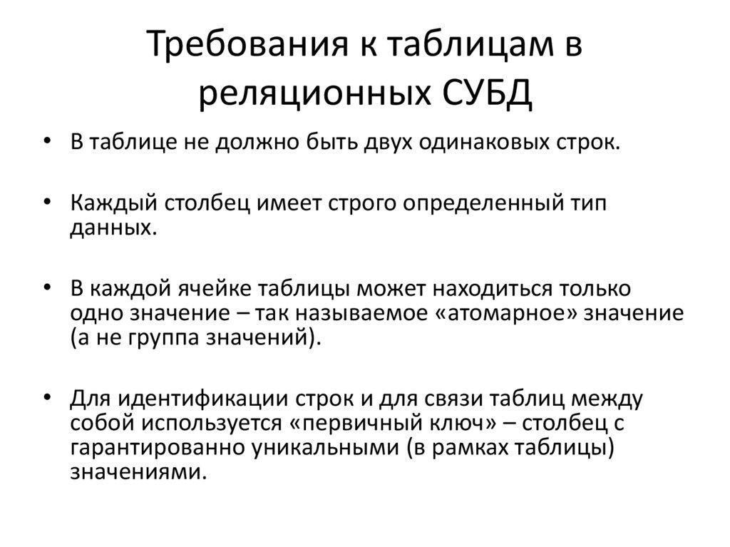 Требования к таблицам в реляционных СУБД