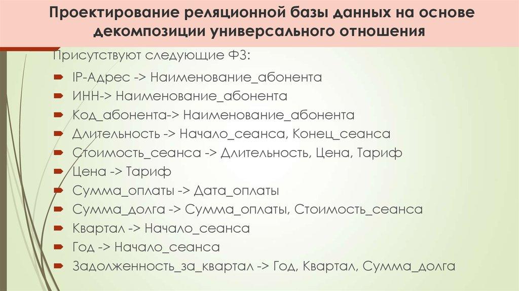 Проектирование реляционной базы данных на основе декомпозиции универсального отношения