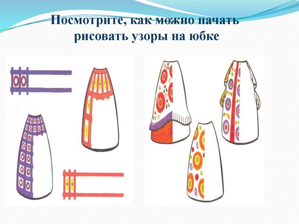 Посмотрите, как можно начать рисовать узоры на юбке