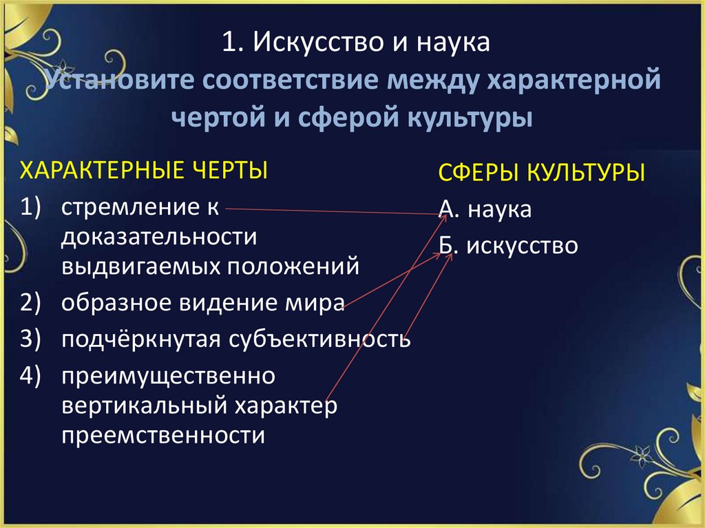 1. Искусство и наука Установите соответствие между характерной чертой и сферой культуры