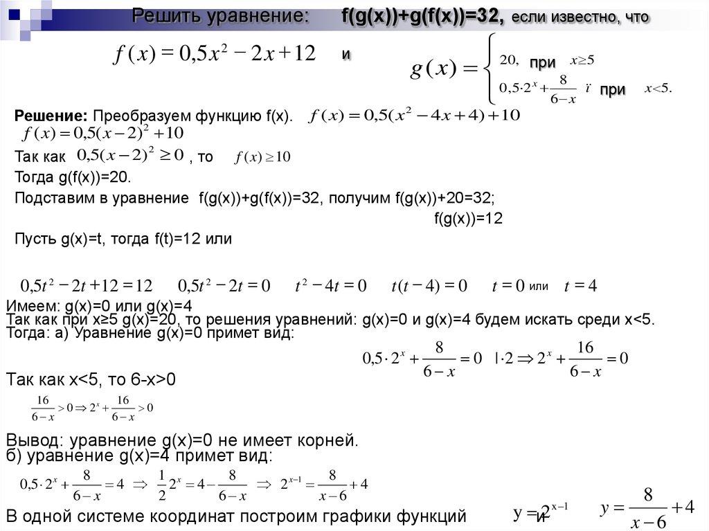 Решить уравнение: f(g(x))+g(f(x))=32, если известно, что и
