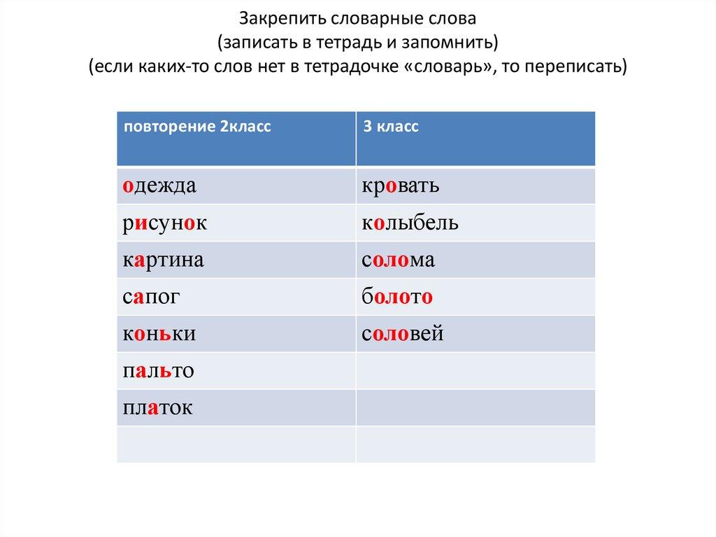 Закрепить словарные слова (записать в тетрадь и запомнить) (если каких-то слов нет в тетрадочке «словарь», то переписать)