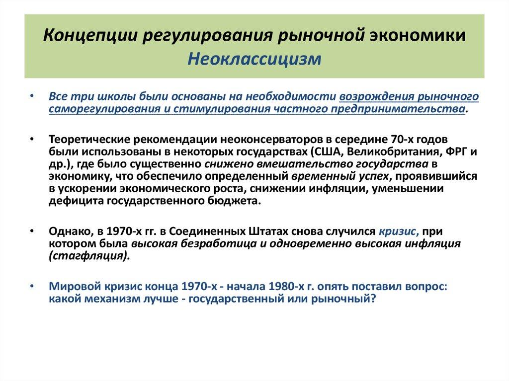 Концепции регулирования рыночной экономики Неоклассицизм