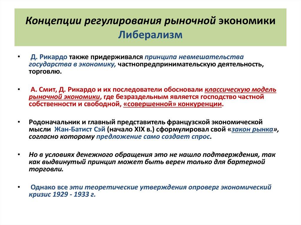 Концепции регулирования рыночной экономики Либерализм