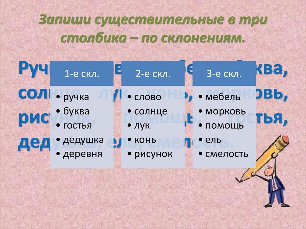 Запиши существительные в три столбика – по склонениям.