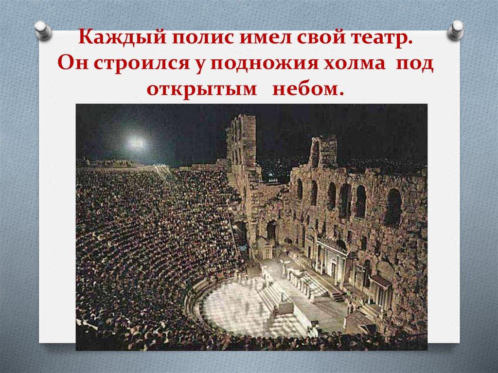 Каждый полис имел свой театр. Он строился у подножия холма под открытым небом.