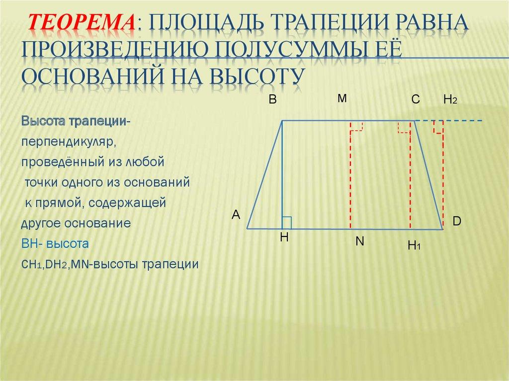 Теорема: Площадь трапеции равна произведению полусуммы её оснований на высоту