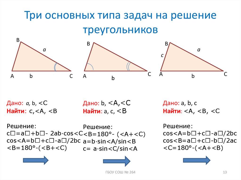Три основных типа задач на решение треугольников