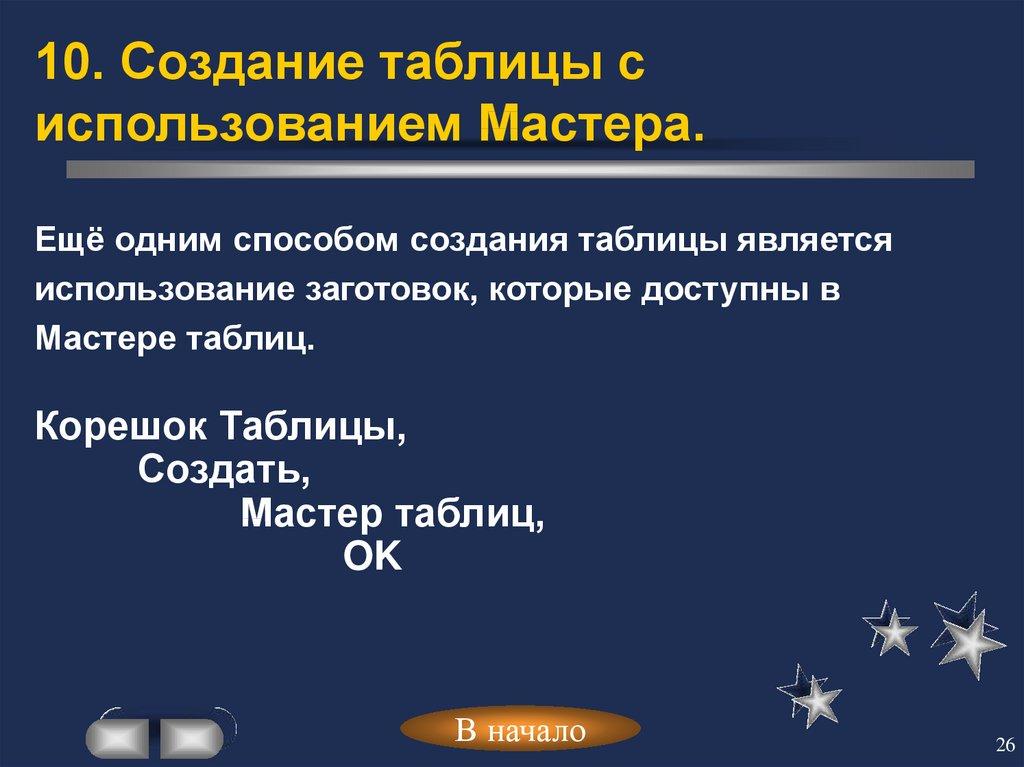 10. Создание таблицы с использованием Мастера.