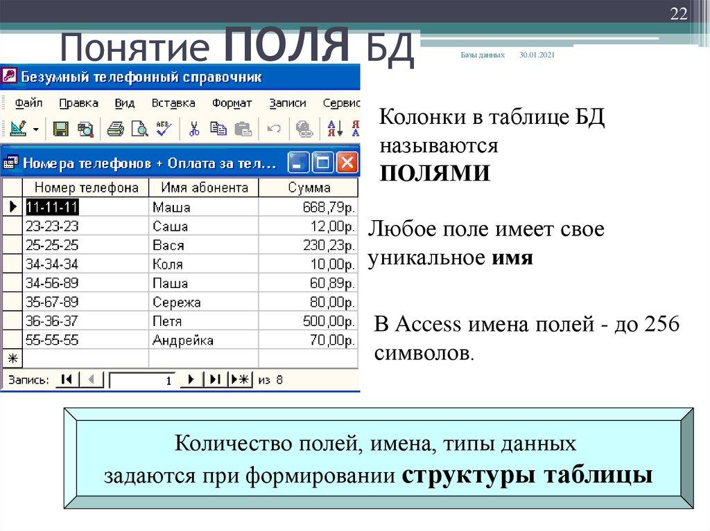 Понятие ПОЛЯ БД