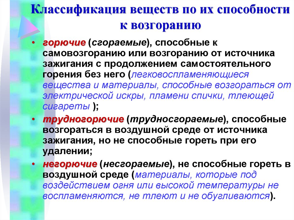 Классификация веществ по их способности к возгоранию