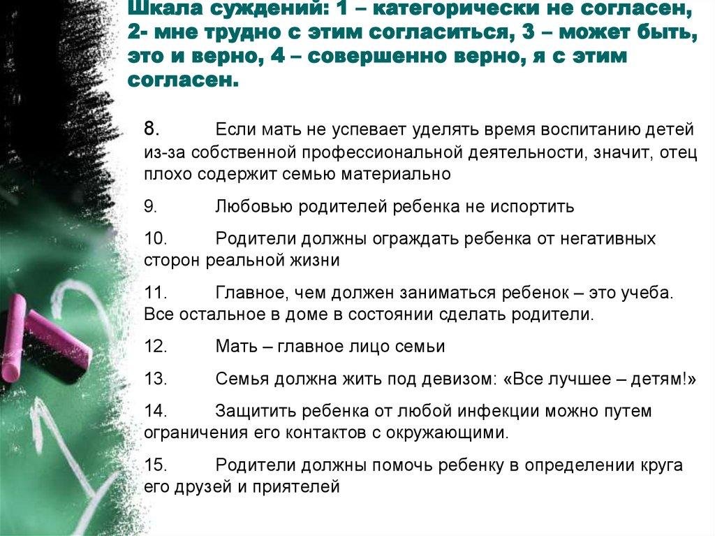 Шкала суждений: 1 – категорически не согласен, 2- мне трудно с этим согласиться, 3 – может быть, это и верно, 4 – совершенно