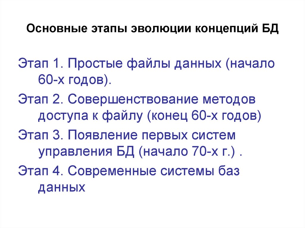 Основные этапы эволюции концепций БД