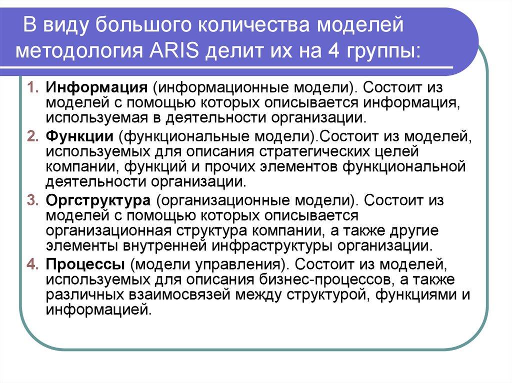В виду большого количества моделей методология ARIS делит их на 4 группы: