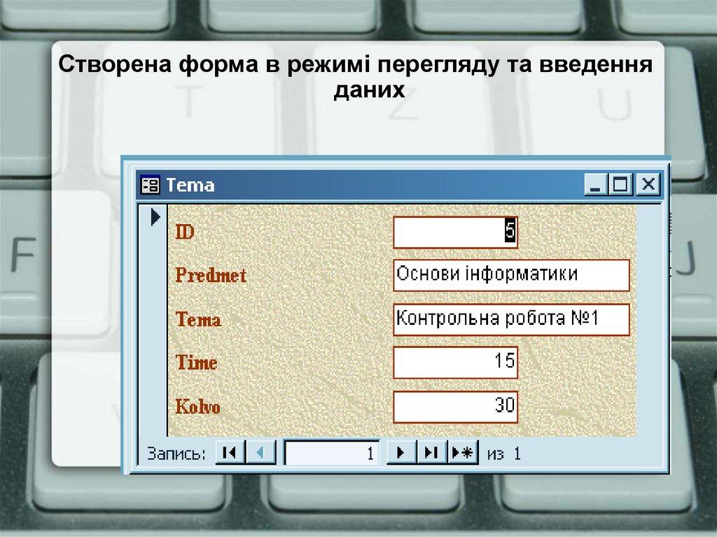 Створена форма в режимі перегляду та введення даних