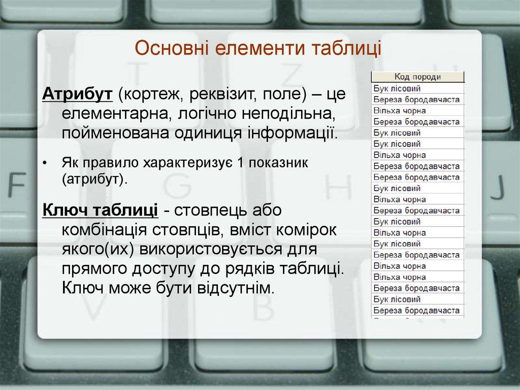 Основні елементи таблиці