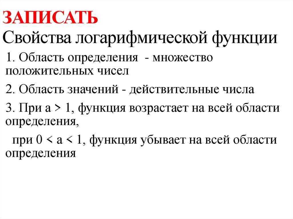 ЗАПИСАТЬ Свойства логарифмической функции