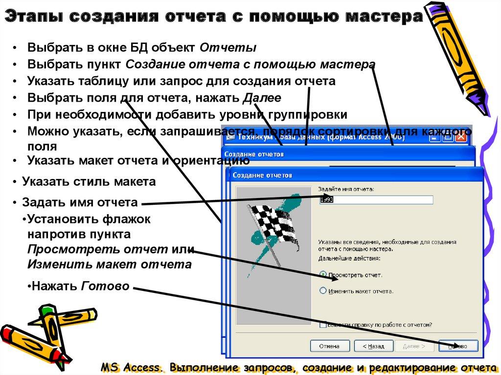 Этапы создания отчета с помощью мастера