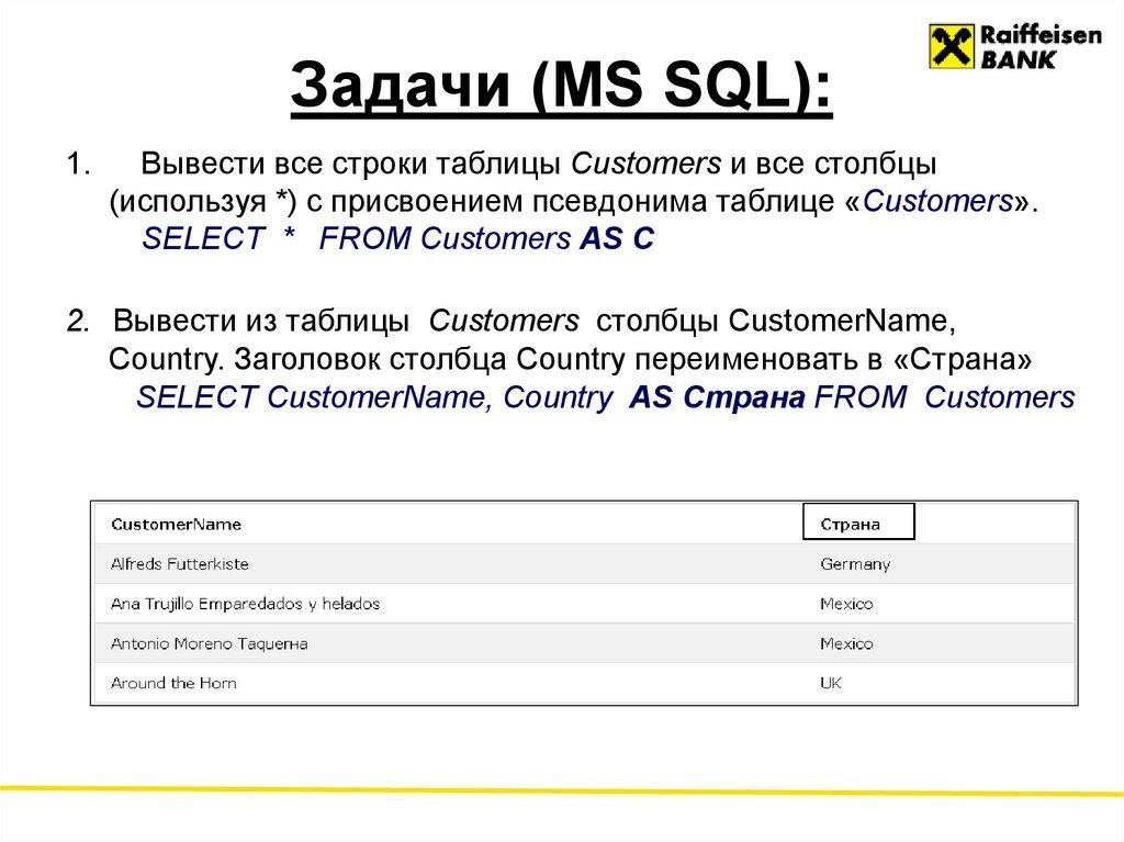 Задачи (MS SQL):