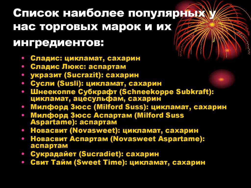 Список наиболее популярных у нас торговых марок и их ингредиентов: