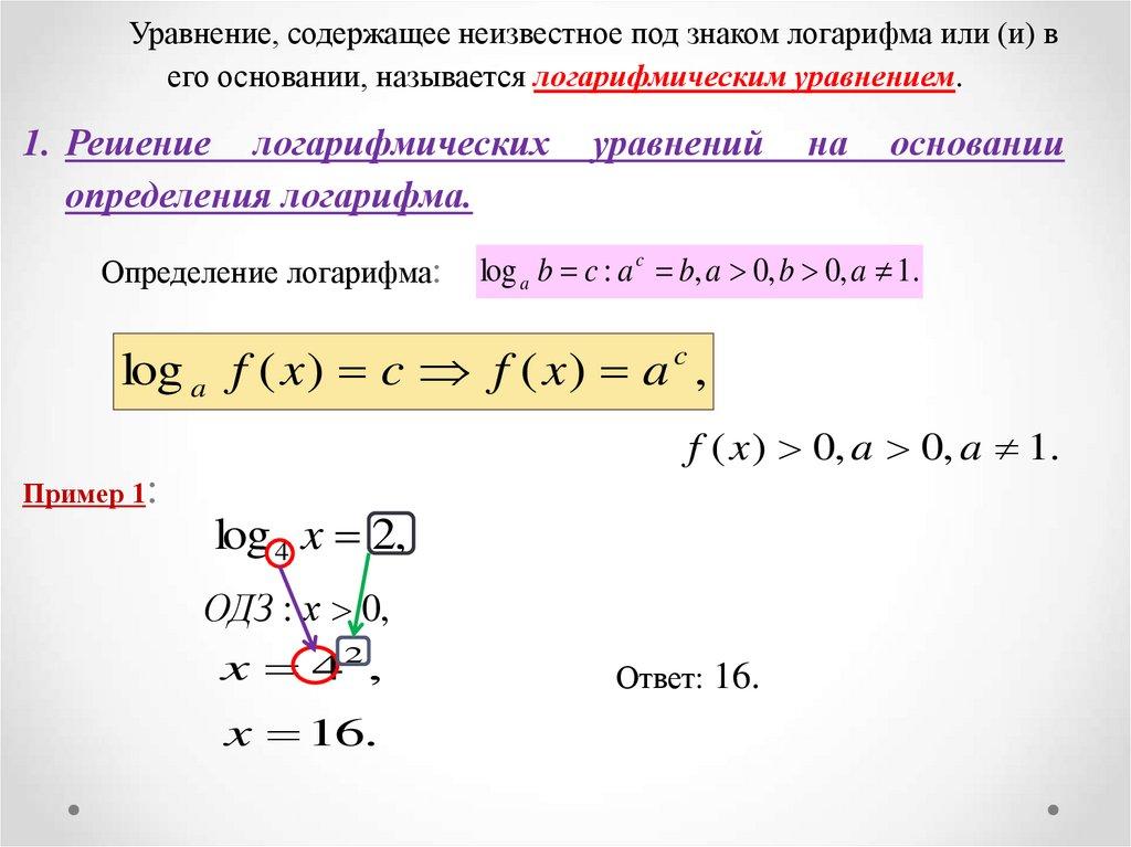 Уравнение, содержащее неизвестное под знаком логарифма или (и) в его основании, называется логарифмическим уравнением.