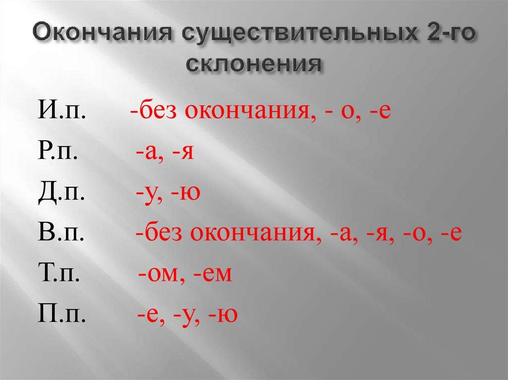 Окончания существительных 2-го склонения