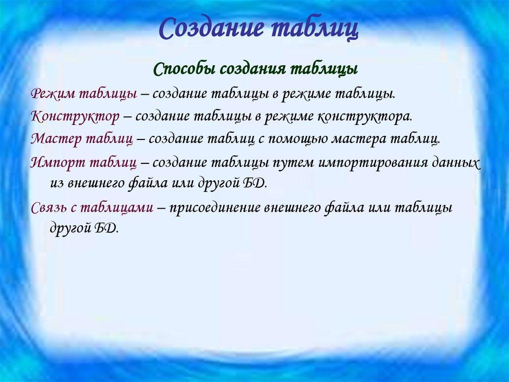 Создание таблиц