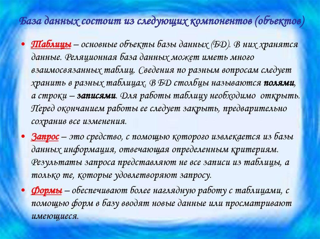 База данных состоит из следующих компонентов (объектов)