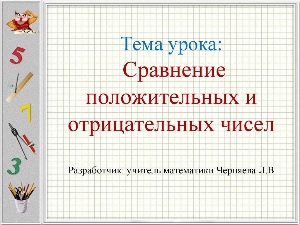 Тема урока: Сравнение положительных и отрицательных чисел Разработчик: учитель математики Черняева Л.В