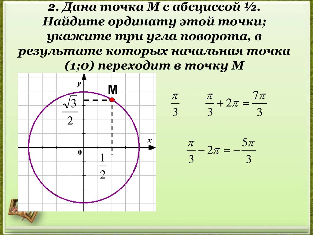 2. Дана точка М с абсциссой ½. Найдите ординату этой точки; укажите три угла поворота, в результате которых начальная точка