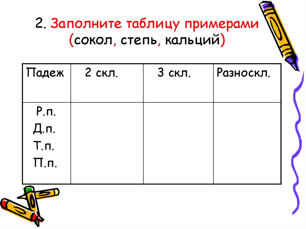 2. Заполните таблицу примерами (сокол, степь, кальций)