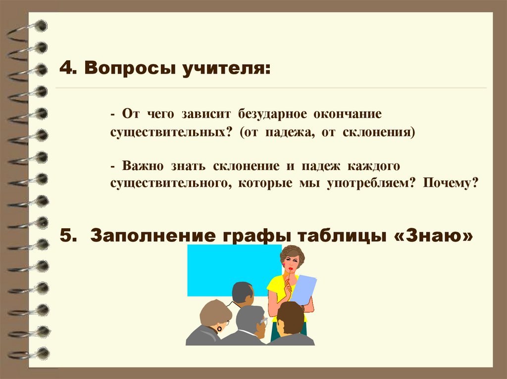 4. Вопросы учителя: - От чего зависит безударное окончание существительных? (от падежа, от склонения) - Важно знать склонение и