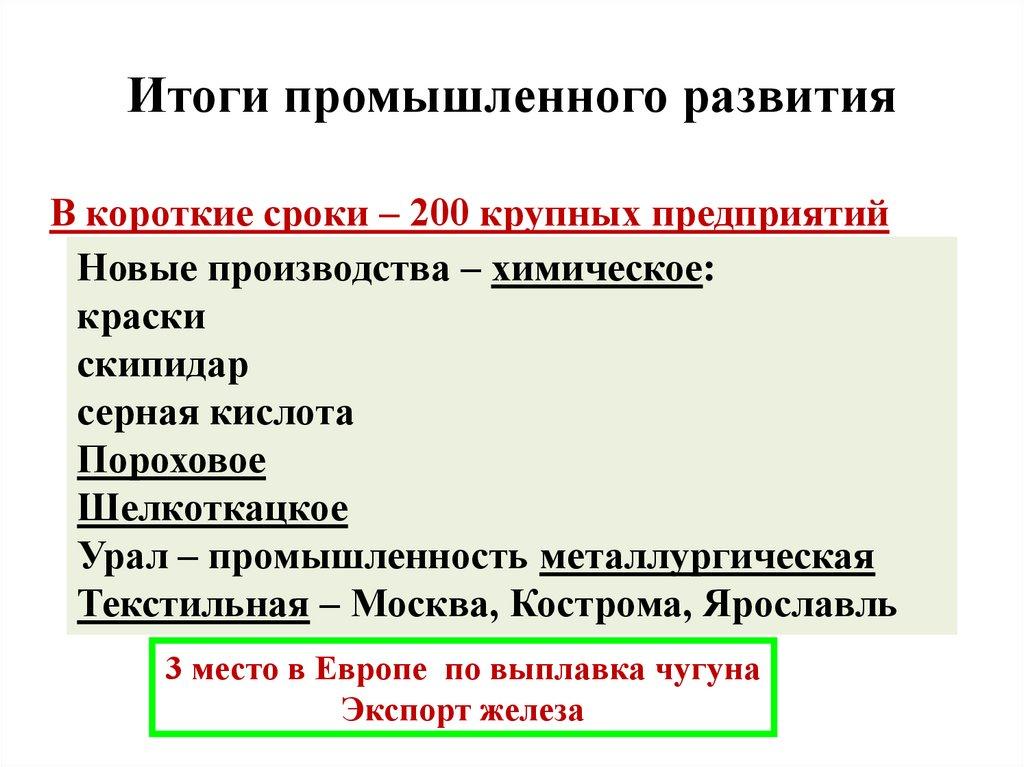 Итоги промышленного развития
