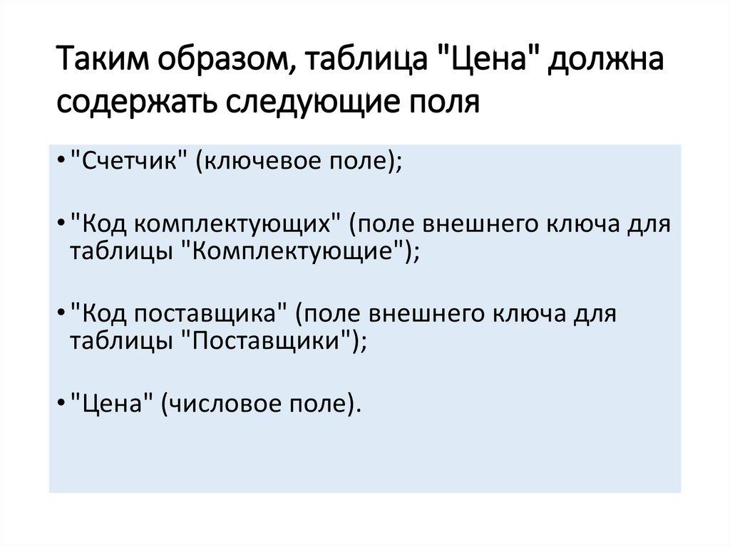 Таким образом, таблица "Цена" должна содержать следующие поля 
