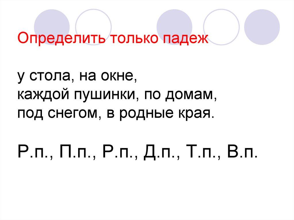 Определить только падеж у стола, на окне, каждой пушинки, по домам, под снегом, в родные края. Р.п., П.п., Р.п., Д.п., Т.п.,