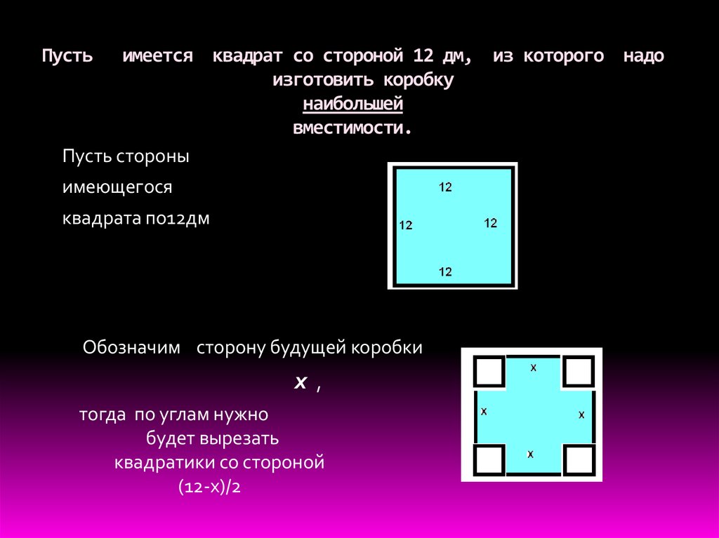 Пусть имеется квадрат со стороной 12 дм, из которого надо изготовить коробку наибольшей вместимости.