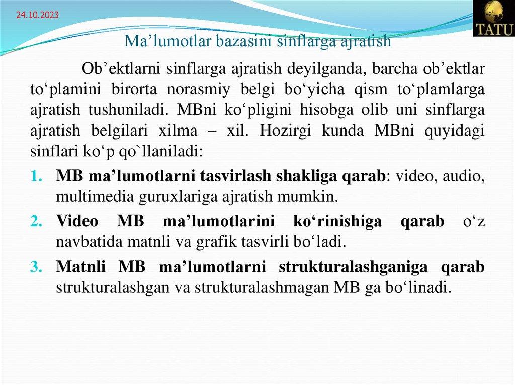 Ma’lumotlar bazasini sinflarga ajratish