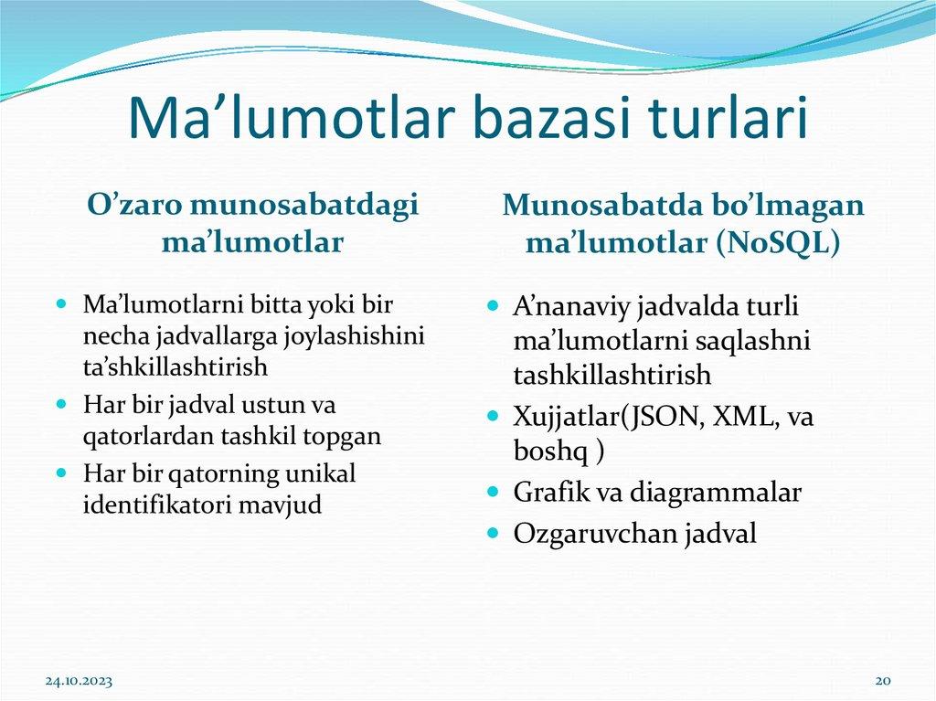 Ma’lumotlar bazasi turlari