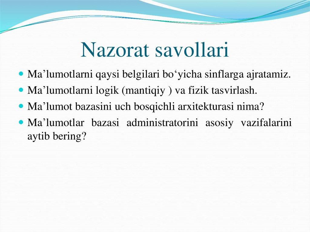 Nazorat savollari