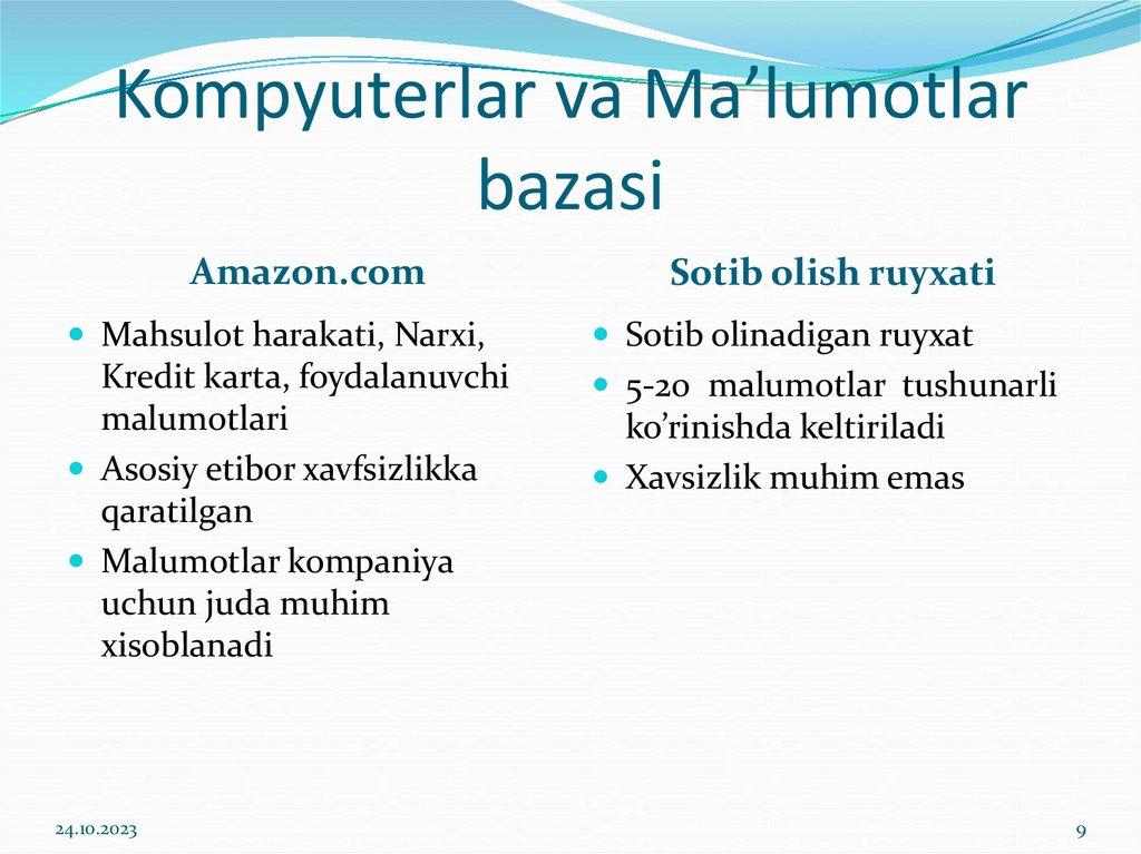 Kompyuterlar va Ma’lumotlar bazasi