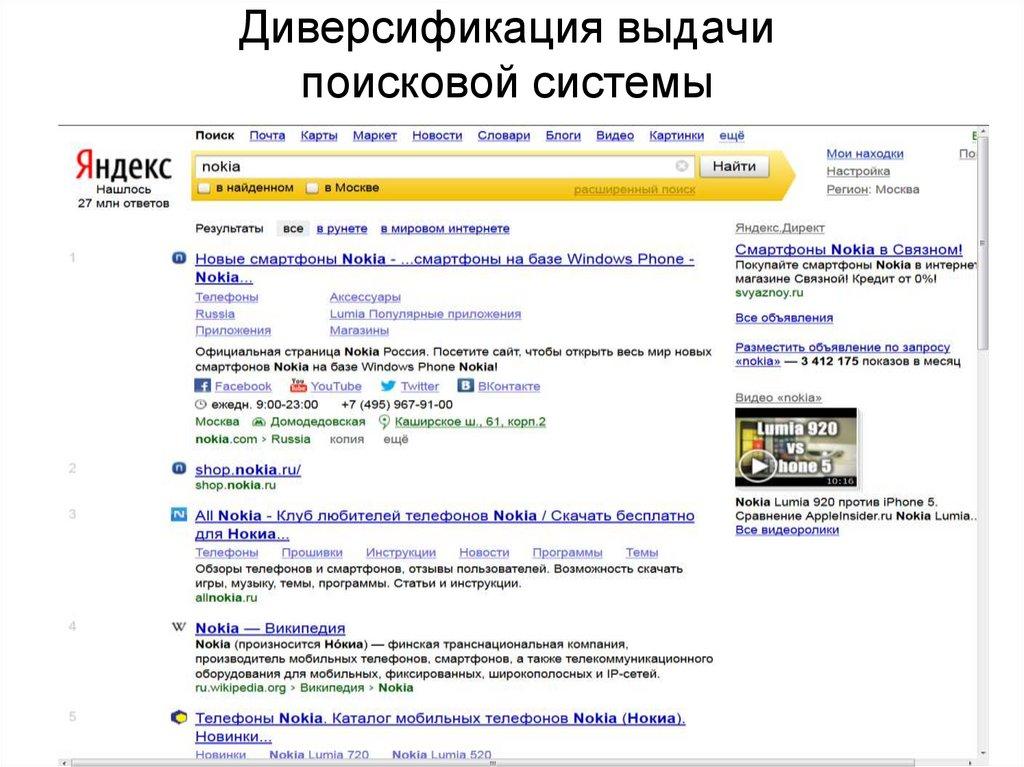 Диверсификация выдачи поисковой системы