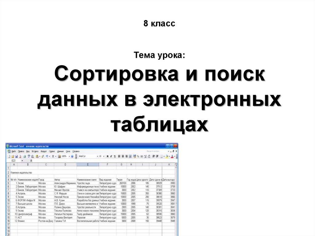 8 класс Тема урока: Сортировка и поиск данных в электронных таблицах