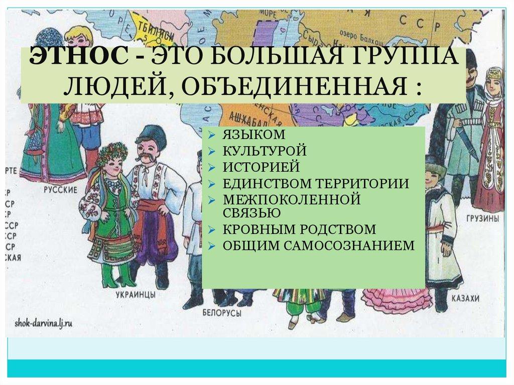 ЭТНОС - ЭТО БОЛЬШАЯ ГРУППА ЛЮДЕЙ, ОБЪЕДИНЕННАЯ :