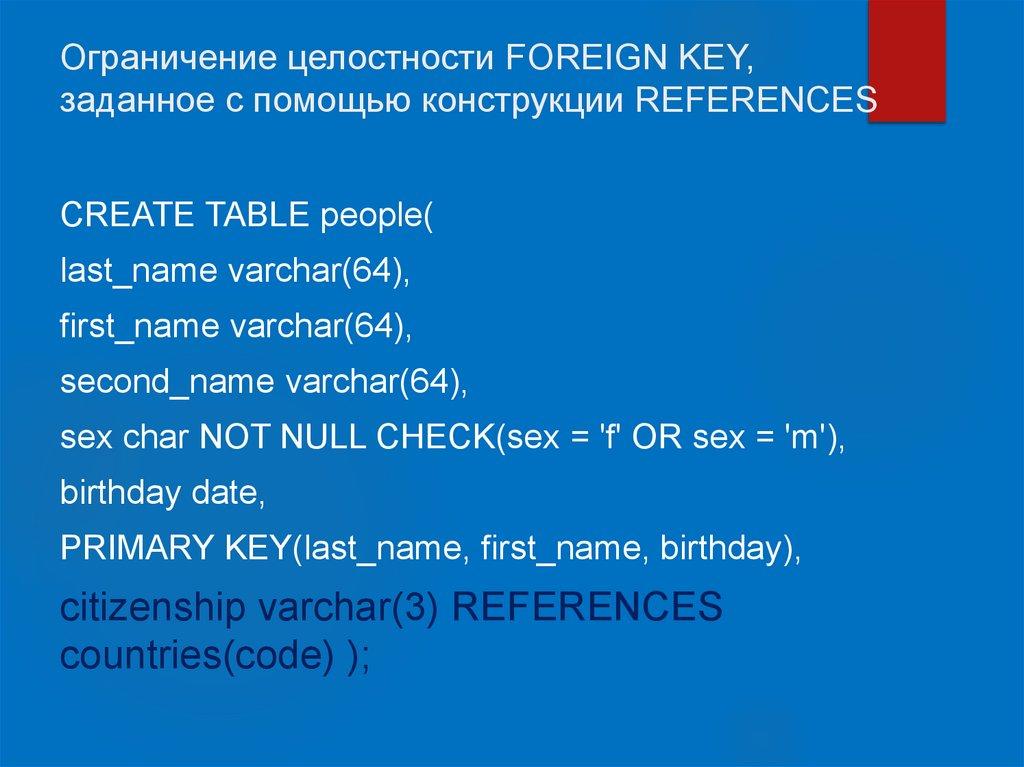 Ограничение целостности FOREIGN KEY, заданное с помощью конструкции REFERENCES
