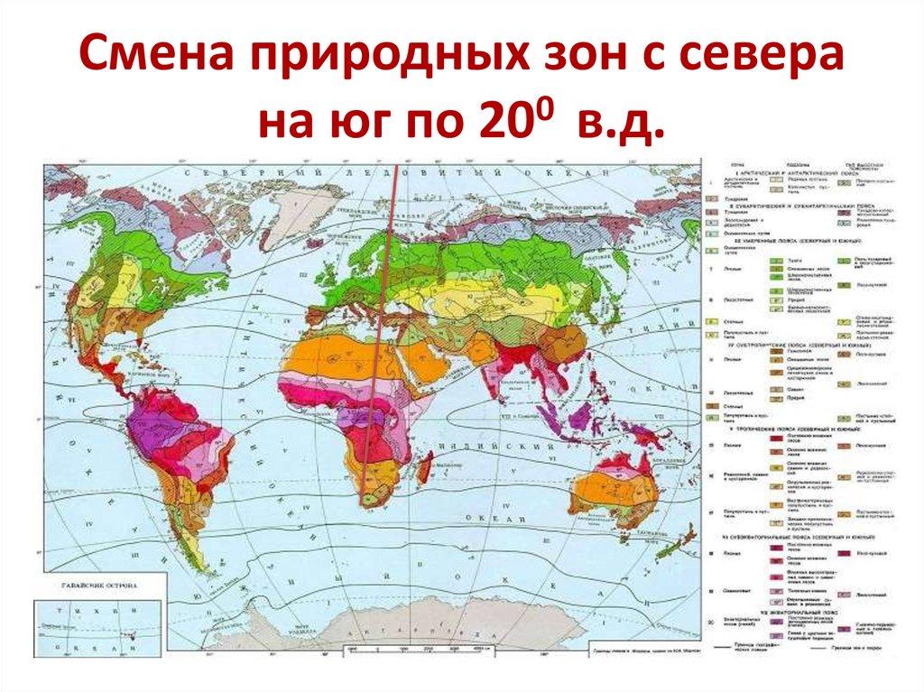 Смена природных зон с севера на юг по 200 в.д.