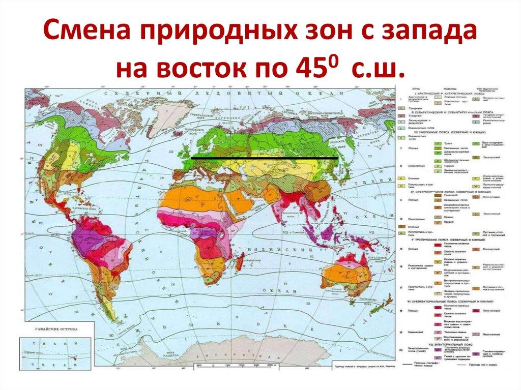 Смена природных зон с запада на восток по 450 с.ш.