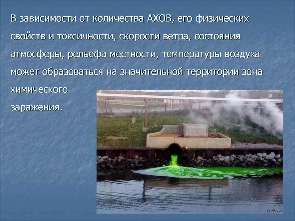 В зависимости от количества АХОВ, его физических свойств и токсичности, скорости ветра, состояния атмосферы, рельефа местности,