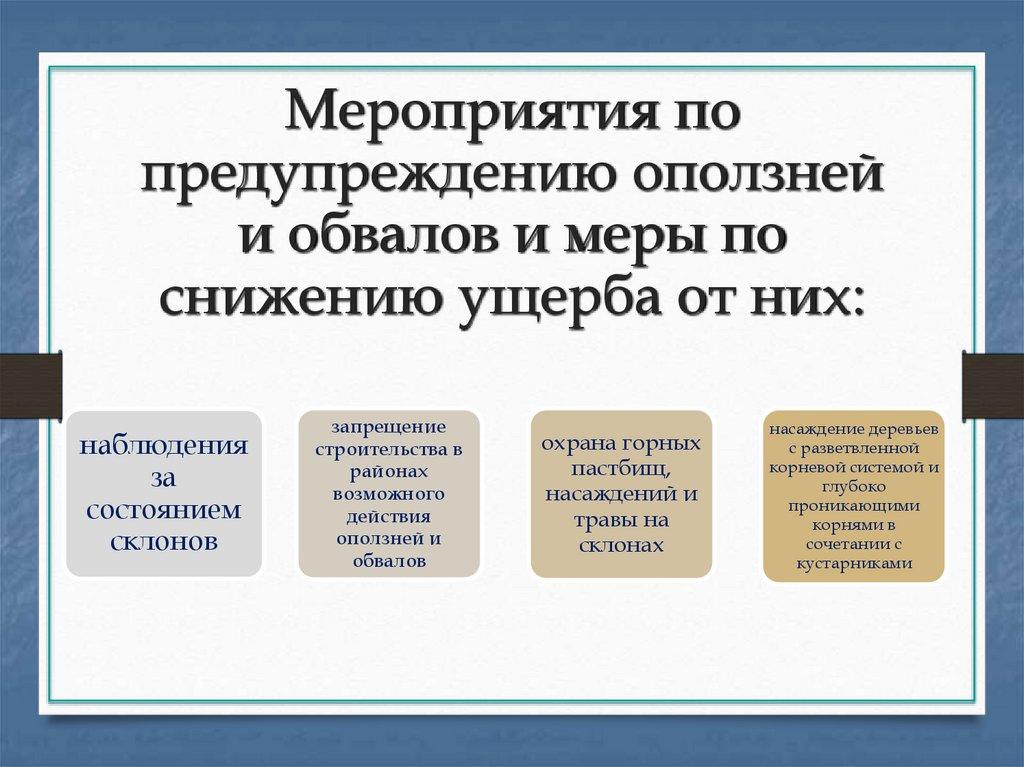 Мероприятия по предупреждению оползней и обвалов и меры по снижению ущерба от них: